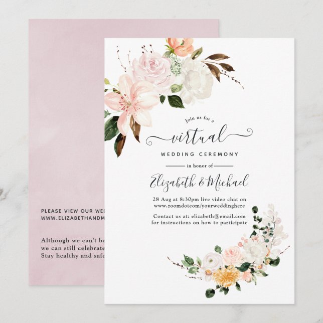Pastel Floral Online Virtual Wedding Einladung (Vorne/Hinten)