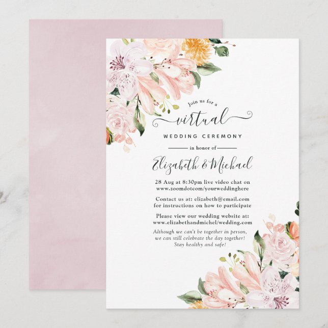 Pastel Floral Online Virtual Wedding Einladung (Vorne/Hinten)