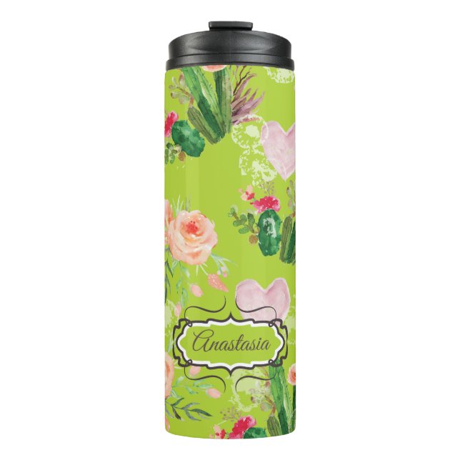 Pastel Floral Personalisiert Cactus Thermosbecher (Vorderseite)