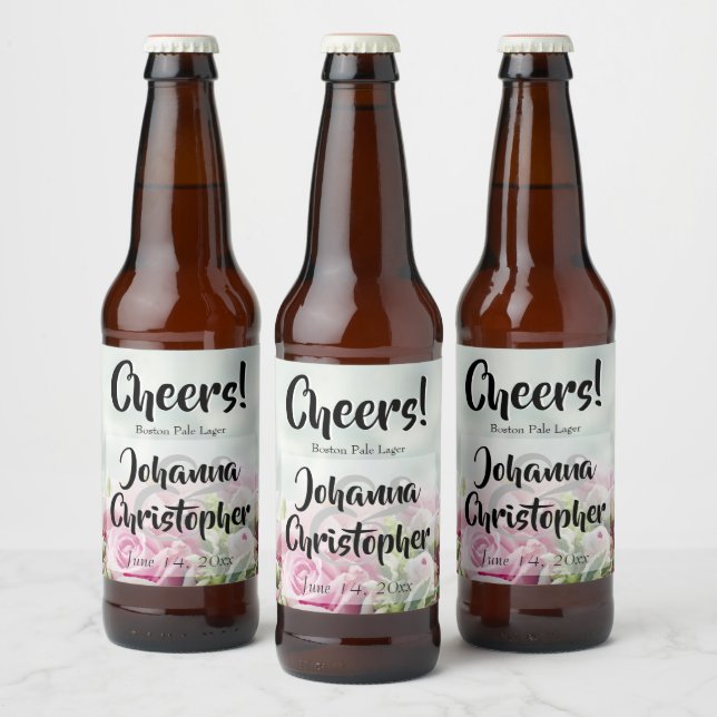 Pastel Floral Pink Roses Cheers Fun Wedding Bierflaschenetikett (Flaschen)