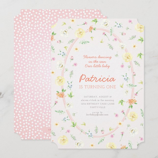 Pastel Floral Première Invitation d'anniversaire (Devant / Derrière)