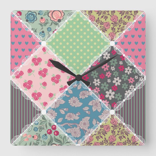 Pastel Floral Quilt Squares Quadratische Wanduhr (Vorderseite)