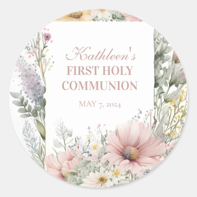 Pastel Floral Spring First Communion Runder Aufkleber (Vorderseite)