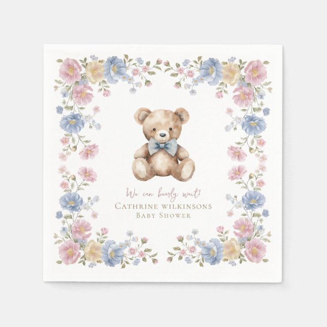 Pastel Floral Teddy Bear Baby Shower Napkins Serviette (Vorderseite)