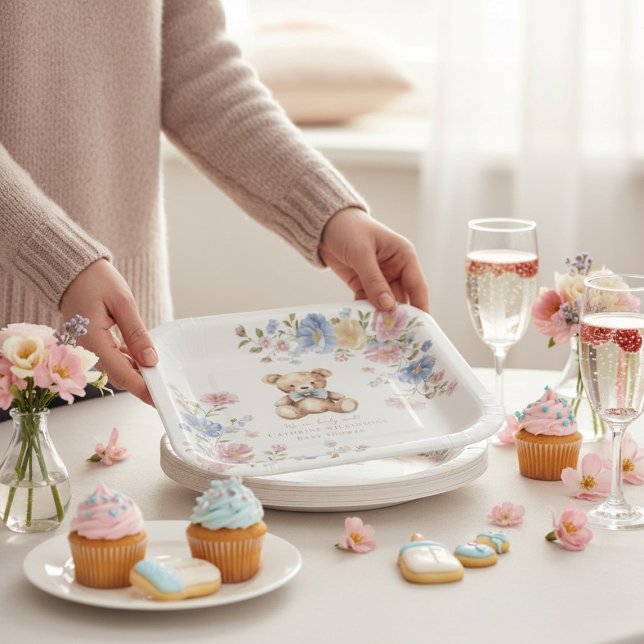 Pastel Floral Teddy Bear "We Can Bearly Wait" Show Pappteller (Von Creator hochgeladen)