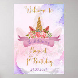 Pastel Floral Unicorn Geburtstagsparty Willkommen Poster