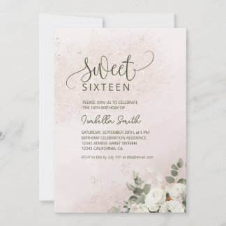 Pastel Floral Weiße Rose Sweet 16 Geburtstag Einladung