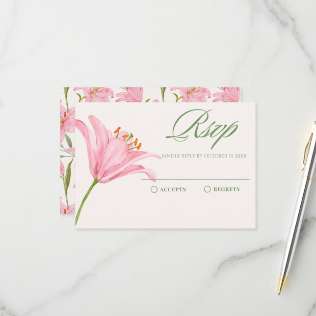 Pastel florale Lilie rosa grün RSVP Karte (Vorderseite/Rückseite Beispiel)