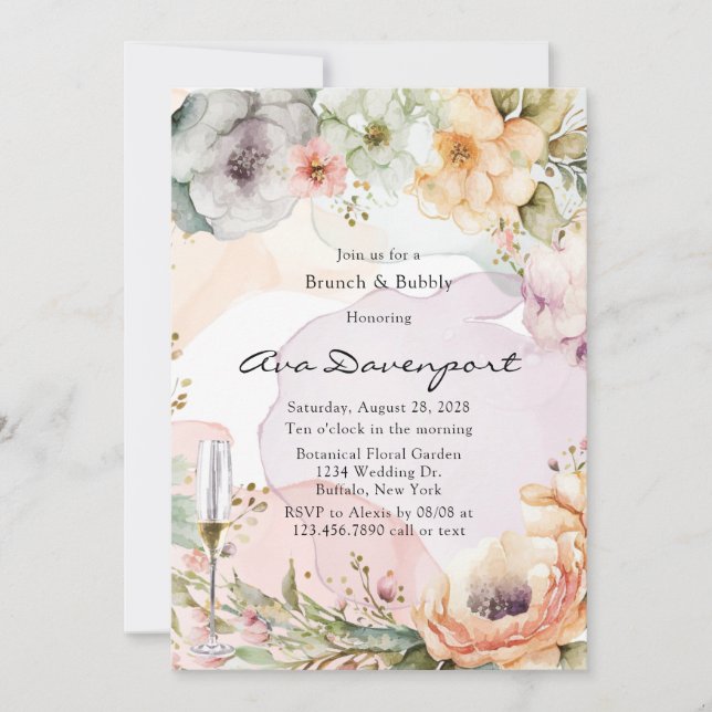Pastel Florals Alkohol Tinte Brunch und Bubbly Einladung (Vorderseite)