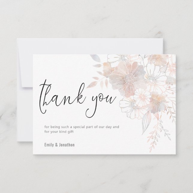 Pastel Florals Blush Gray Script Foto Wedding Dankeskarte (Vorderseite)