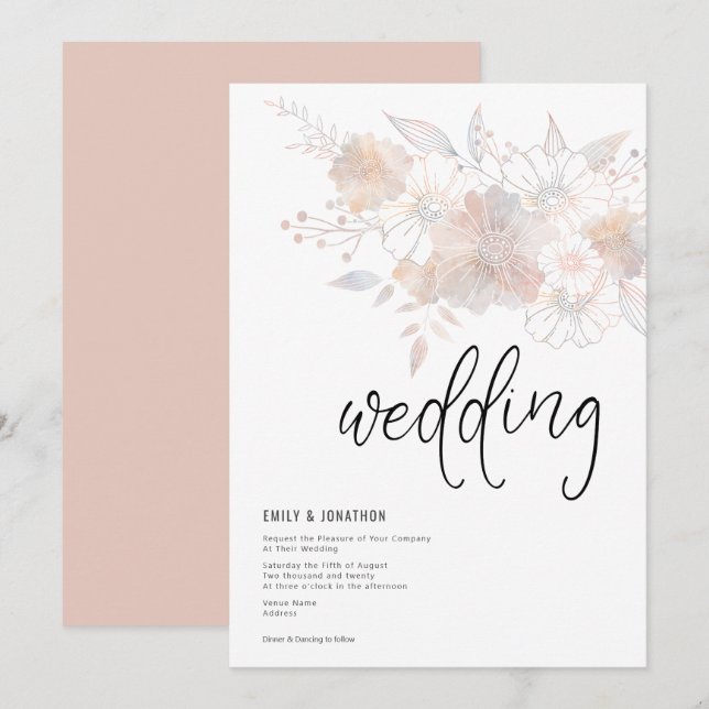 Pastel Florals Blush Peach Gray Wedding Einladung (Vorne/Hinten)