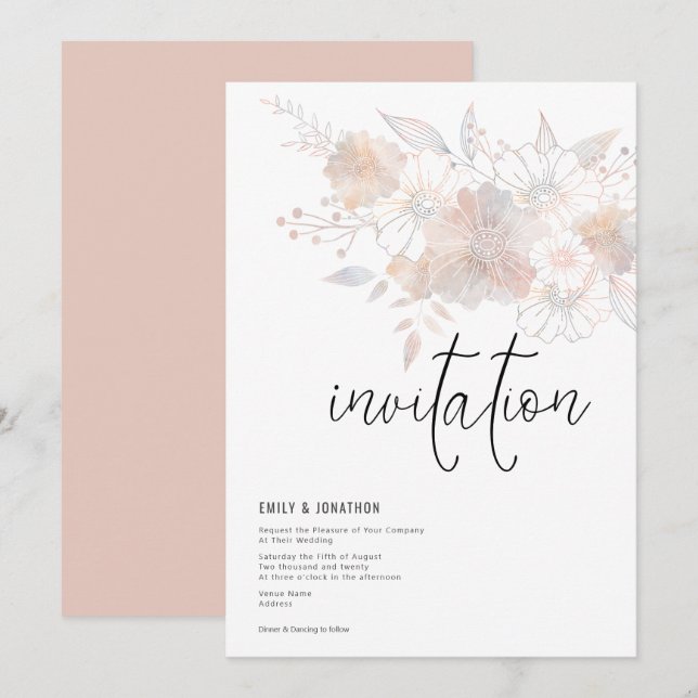 Pastel Florals Blush Peach Gray Wedding Einladung (Vorne/Hinten)