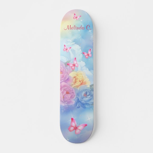 Pastel Florals & Pink Butterflies Regenbogenwolken Skateboard (Vorne)