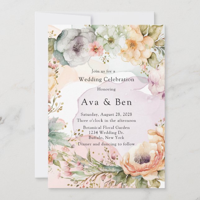 Pastel Florals und Alkohol Tinte Hochzeit Einladung (Vorderseite)
