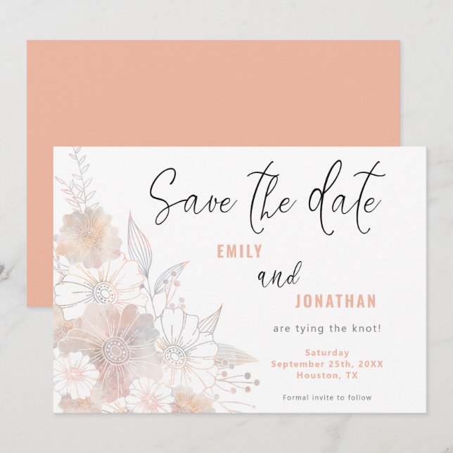 Pastel Florals Wedding Coral Save the Date (Vorne/Hinten)