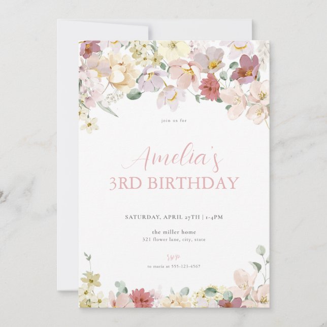 Pastel Flower Girl Floral Anniversaire Invitation (Devant)