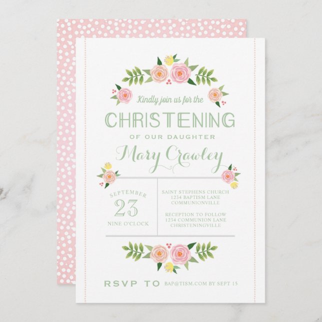 Pastel Flowers Christening Invitation (Devant / Derrière)