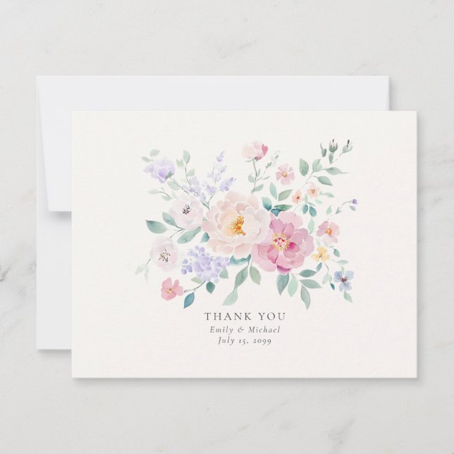 Pastel Flowers Watercolor Wedding Thank You Card Einladung (Vorderseite)