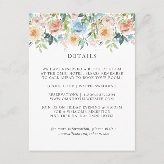 Pastel Garden Blue Floral Wedding Details Karten (Vorderseite)