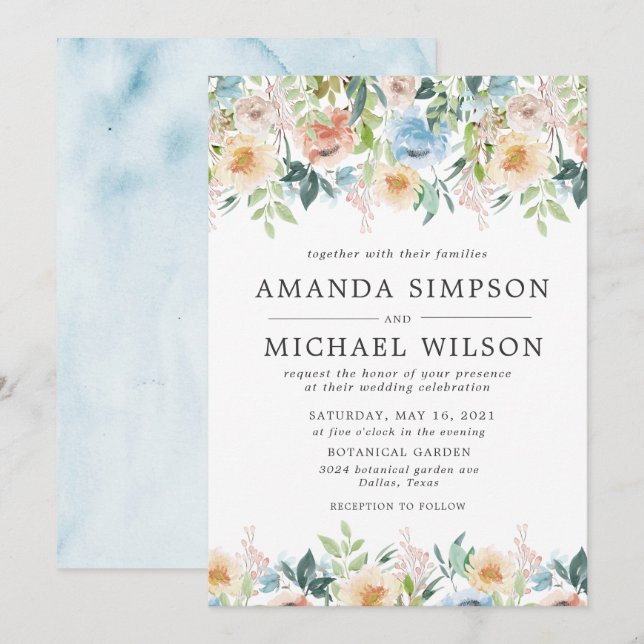 Pastel Garden Floral Élégant Mariage Invitations (Devant / Derrière)
