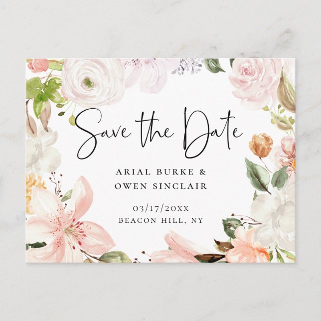 Pastel Garden Floral Wreath Save the Date Ankündigungspostkarte (Vorderseite)