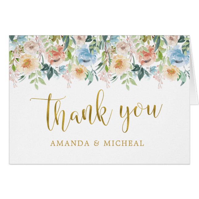 Pastel Garden | Gold Floral Wedding Dankeschön Kar (Vorderseite (Horizontal))