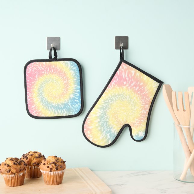 Pastel-Gefärbte Krawatte Hippy Swirl Ofenhandschuh & Topflappen-Set (Insitu (Hängend))