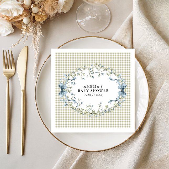 Pastel Gingham Blue Floral Baby Shower Serviette (Von Creator hochgeladen)