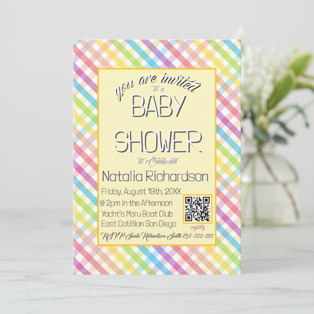 Pastel Gingham Rainbow Baby Shower Yellow Einladung (Stehend Vorderseite)
