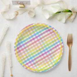 Pastel Gingham Rainbow Baby Shower Yellow Pappteller