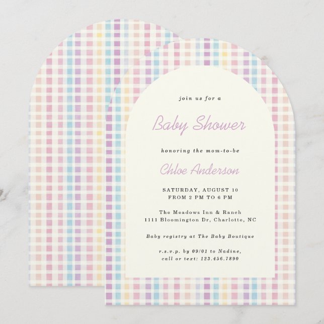 Pastel Gingham Rainbow Colors Baby Shower Einladung (Vorne/Hinten)