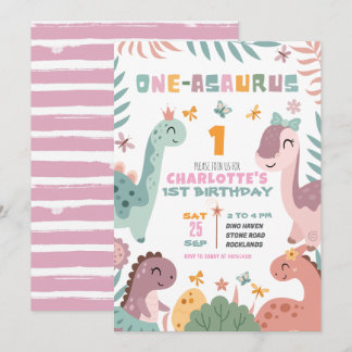 Pastel Girl Dinosaur 1st Birthday Invitation Einladung