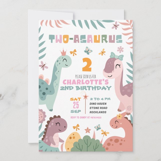 Pastel Girl Dinosaur 2nd Birthday Invitation (Devant)