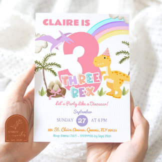 Pastel Girl Dinosaur Three Rex Birthday Party Einladung