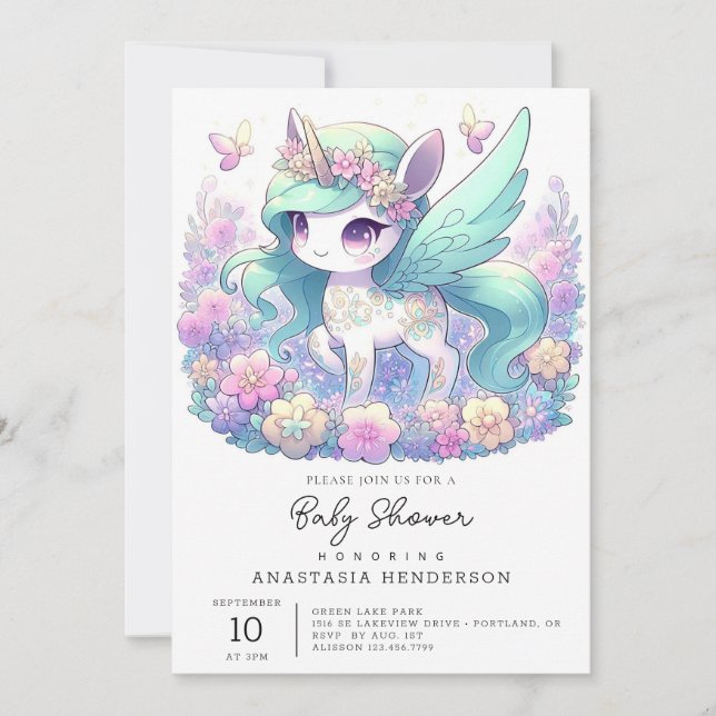 Pastel Girl Unicorn Kinderdusche Einladung (Vorderseite)