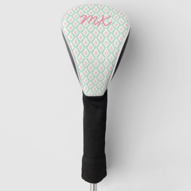 Pastel Girly Pink & Green Muster mit Initialen Golf Headcover (Vorderseite)