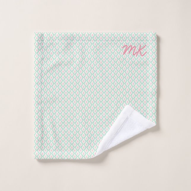 Pastel Girly Vert & Motif Rose Avec Initiales (Gant de toilette)