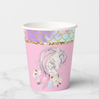 Pastel Gold Glitzer Unicorn und Baby mit Blume Pappbecher