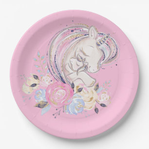 Pastel Gold Glitzer Unicorn und Baby mit Blume Pappteller