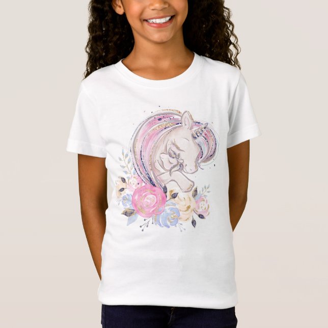 Pastel Gold Glitzer Unicorn und Baby mit Blume T-Shirt (Vorderseite)
