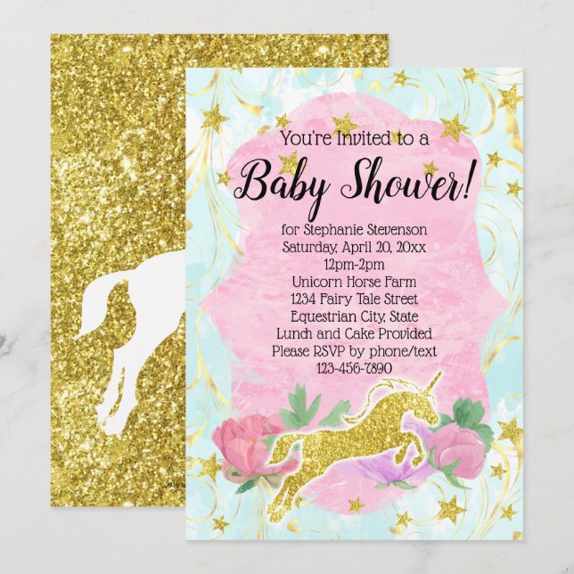 Pastel Gold Unicorn Kinderdusche Einladung (Vorne/Hinten)