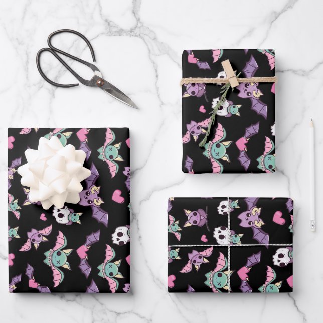 Pastel Goth Bat Lover Halloween Geschenkpapier Set (Vorderseite)
