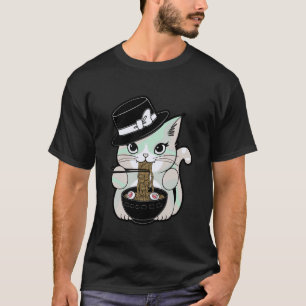 Pastel-Goth süße Katze isst Nudeln unter dem Mond T-Shirt