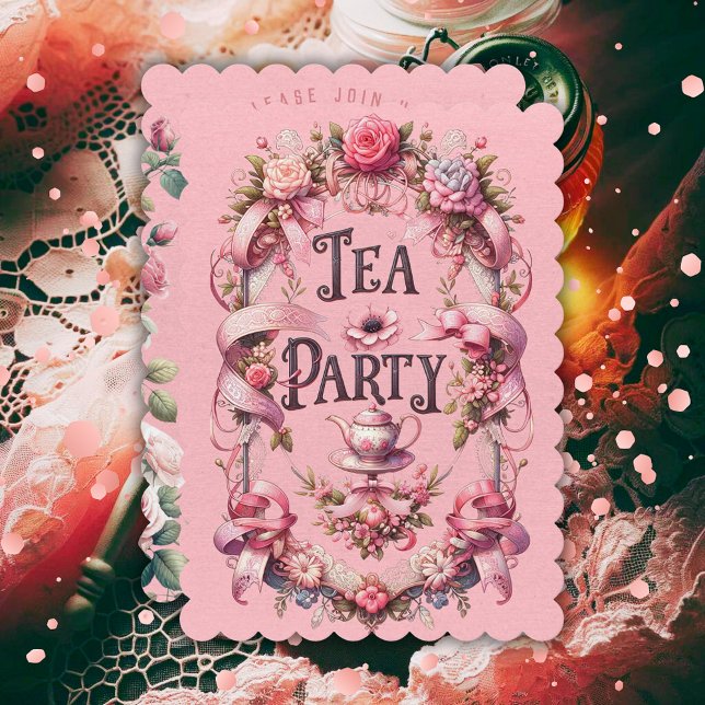Pastel Goth Tea Party Anniversaire Invitation (birthday tea party invitation teapot tea cups roses coquette aesthetic girly pink ribbons lace)