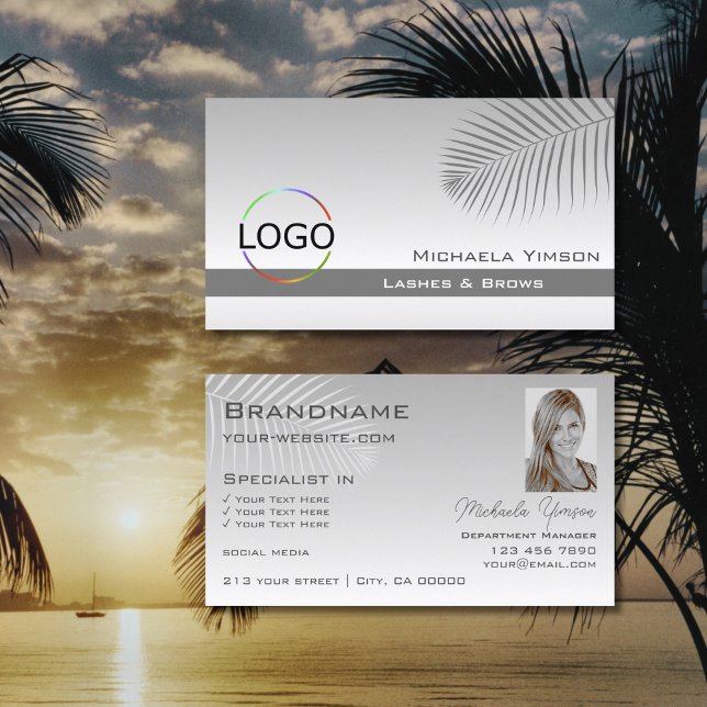 Pastel Gray Gradient Palm Leaf Logo und Foto Visitenkarte (Von Creator hochgeladen)