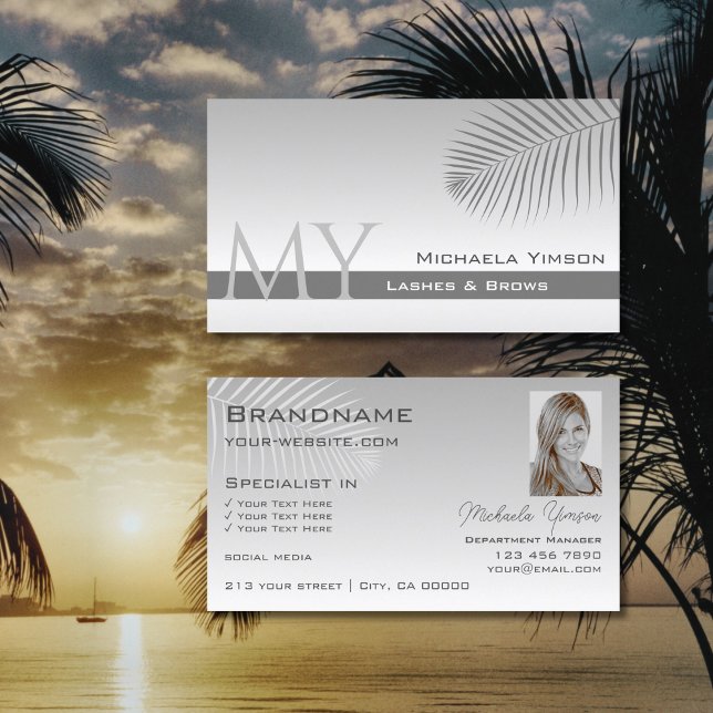 Pastel Gray Gradient Palm Leaf Monogramm und Foto Visitenkarte (Von Creator hochgeladen)
