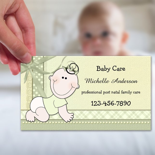 Pastel Green Baby Care Baby Sitter Carte de visite (Professional baby and family care or baby sitter business card with cute baby on pastel green)