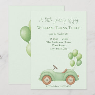 Pastel Green Car & Balloon Einladung zum Geburtsta