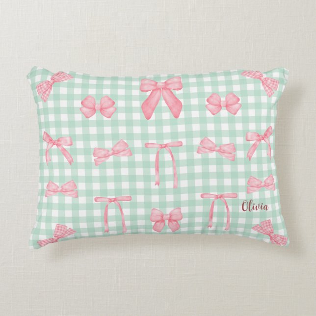 Pastel Green Gingham Pink Bow Dekokissen (Vorderseite)