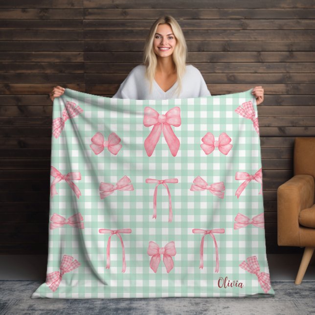 Pastel Green Gingham Pink Bow Fleece Blanket (Von Creator hochgeladen)